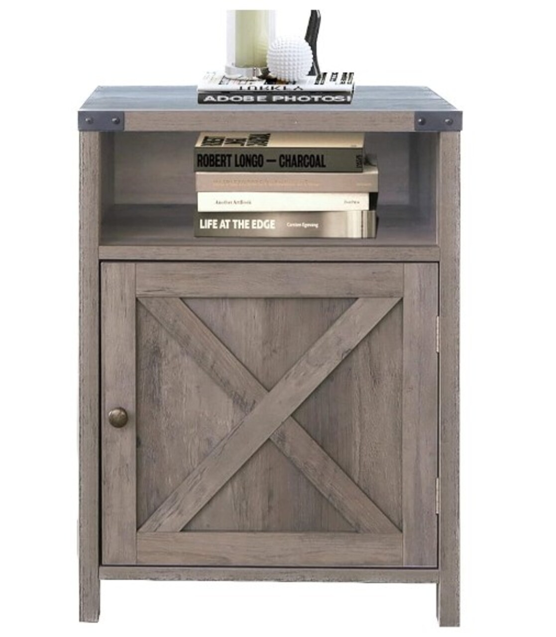 Nightstand, Farmhouse Bedside Table with Cabinet and Shelves, Washed Oak, 18 x 18 x 24 Inches